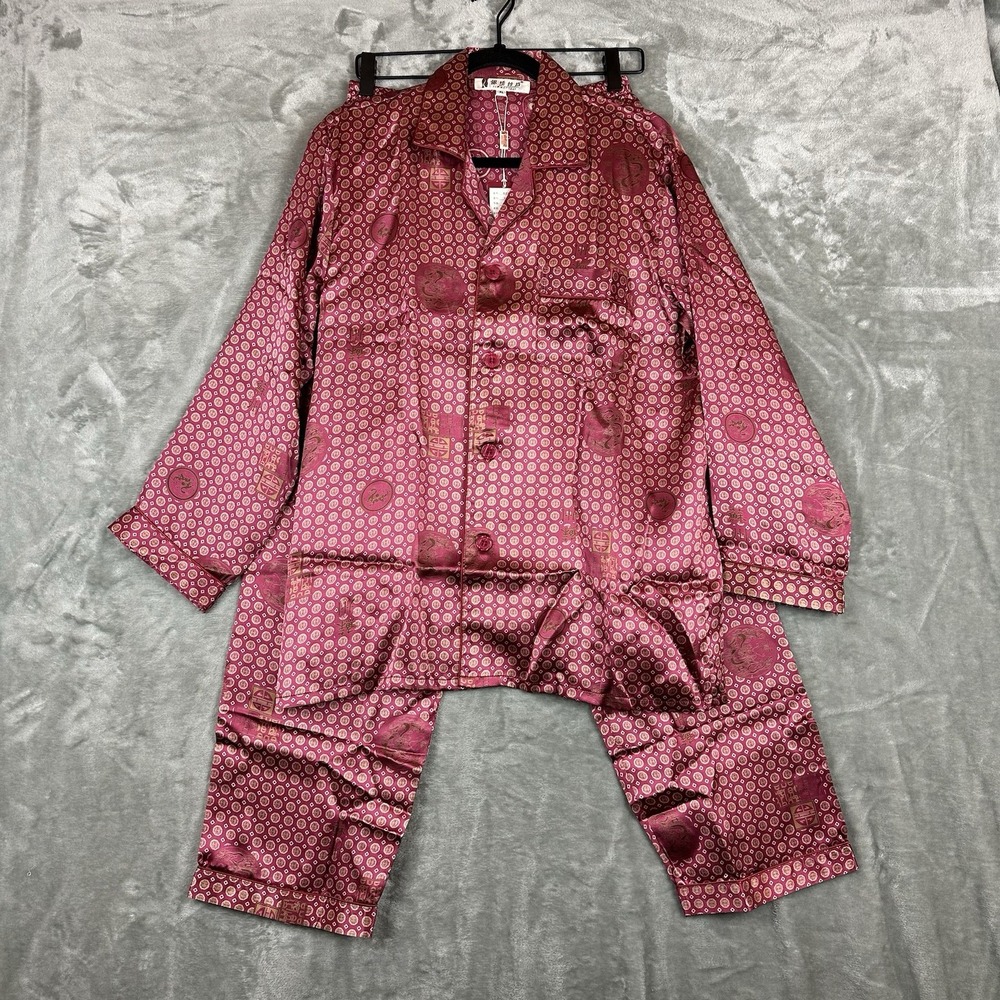Mulberry Silk Pajama Set Women's XL (S 4-6) Burgundy Geometric Print Dragon NEW